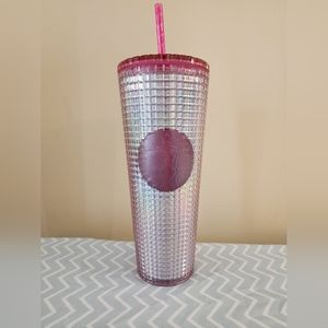 NWT Starbucks tumbler venti two toned silver holo and pink grid